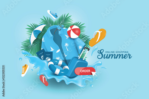 Summer travel concept ,Suitcases or luggage, passports, blue Hawaiian shirts, and floating lifebuoys are all on the waves of sea for summer vacation design, vector 3d for banner advertising design