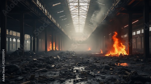 Fire-Damaged Structural Beams in a Commercial Building, Showcasing Burnt Wood and Charred Debris