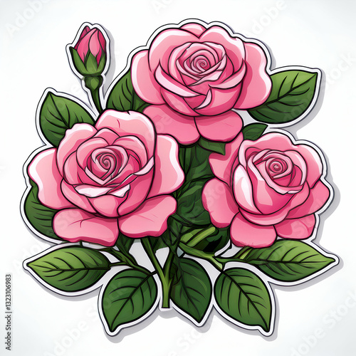 Cartoon beautiful pink roses with lush green leaves. sticker vector. on an white background