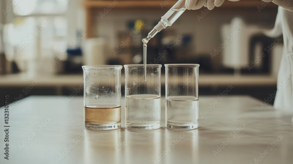 Scientist's Hand Using Pipette to Add Liquid into Beakers in a Laboratory Setting Scientist's Hand Using Pipette to Add Liquid into Beakers in a Laboratory Setting
