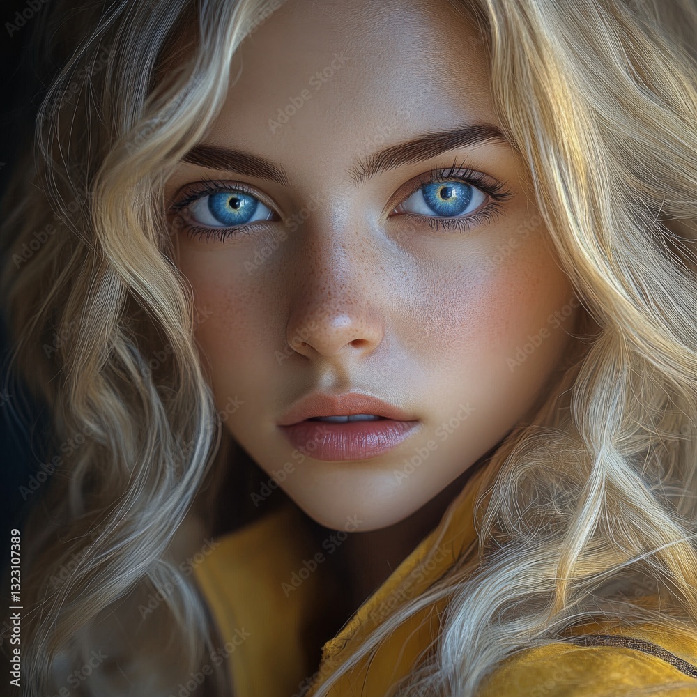 Enchanting epic fantasy portrait of a determined young blonde girl with blue eyes in a yellow dress, magical golden headpiece, mysterious dark background, cinematic artistic style. Enchanting epic fantasy portrait of a determined young blonde girl with blue eyes in a yellow dress, magical golden headpiece, mysterious dark background, cinematic artistic style.