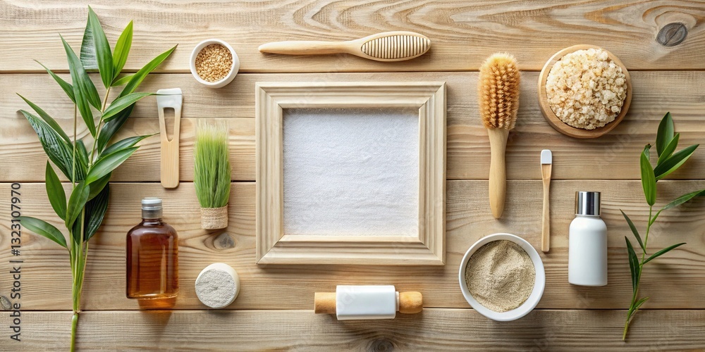 Modern Self-Care Day Flat Lay: Wooden Texture & Wellness Essentials Modern Self-Care Day Flat Lay: Wooden Texture & Wellness Essentials