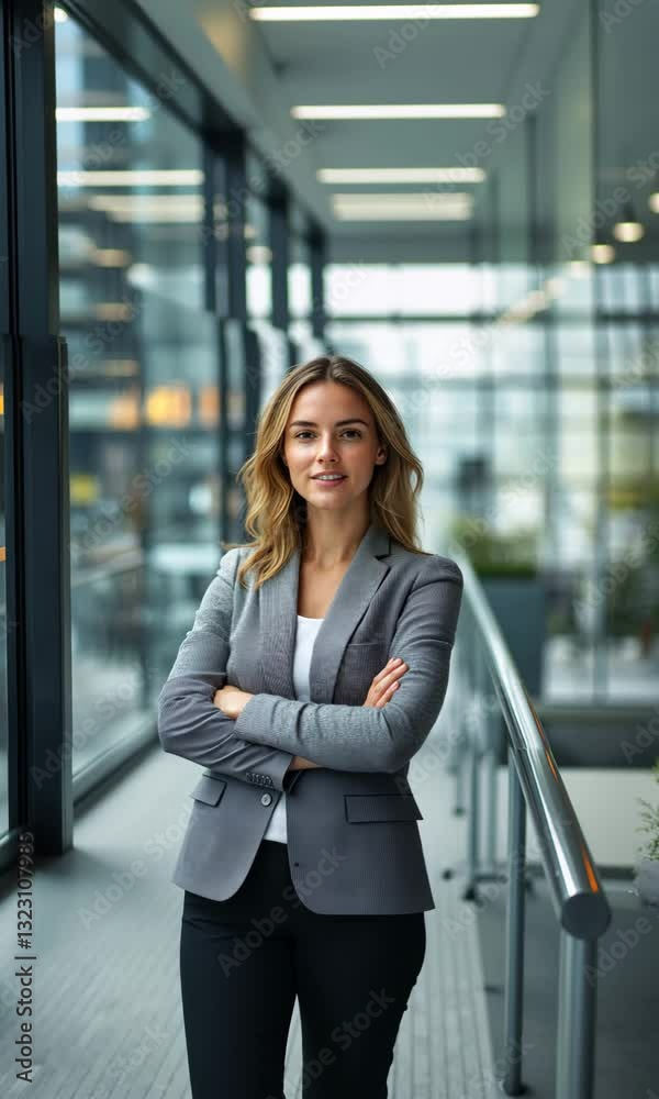 A confident woman stands with her arms crossed in a modern office space, showcasing professionalism and a positive demeanor. The background features large windows and contemporary design elements. A confident woman stands with her arms crossed in a modern office space, showcasing professionalism and a positive demeanor. The background features large windows and contemporary design elements.