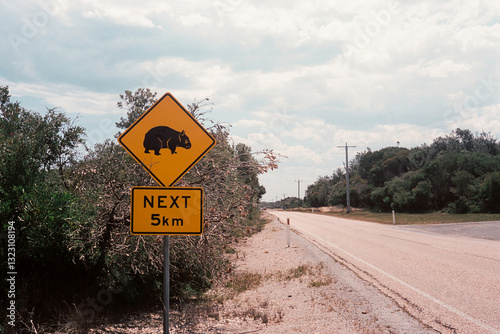 Film photo of the wildlife warning of a Wombat crossing in Australia