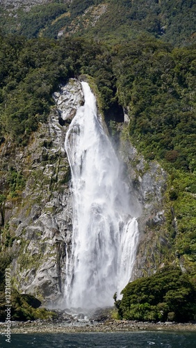 Milford Sound New Zealand waterfalls into the fjord