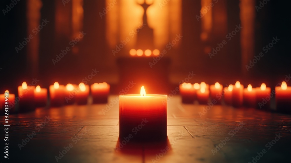 Serene Spiritual Offering with Candles in a Ritualistic Setting at Dusk Serene Spiritual Offering with Candles in a Ritualistic Setting at Dusk