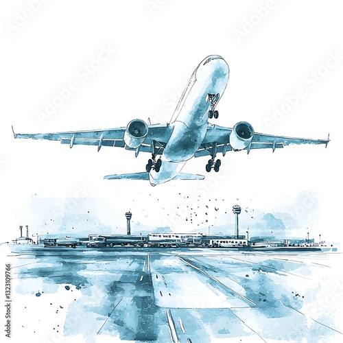Airplane Taking Off from Airport Runway Artistic Watercolor Illustration.