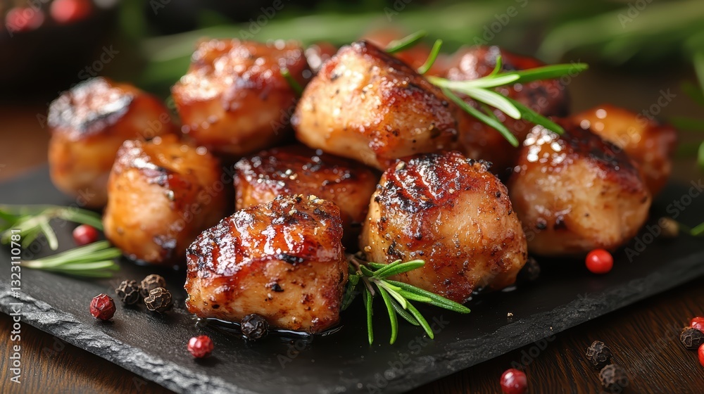 Grilled chicken chunks with rosemary and pepper on a black slate plate, set against a wooden background. Grilled chicken chunks with rosemary and pepper on a black slate plate, set against a wooden background.