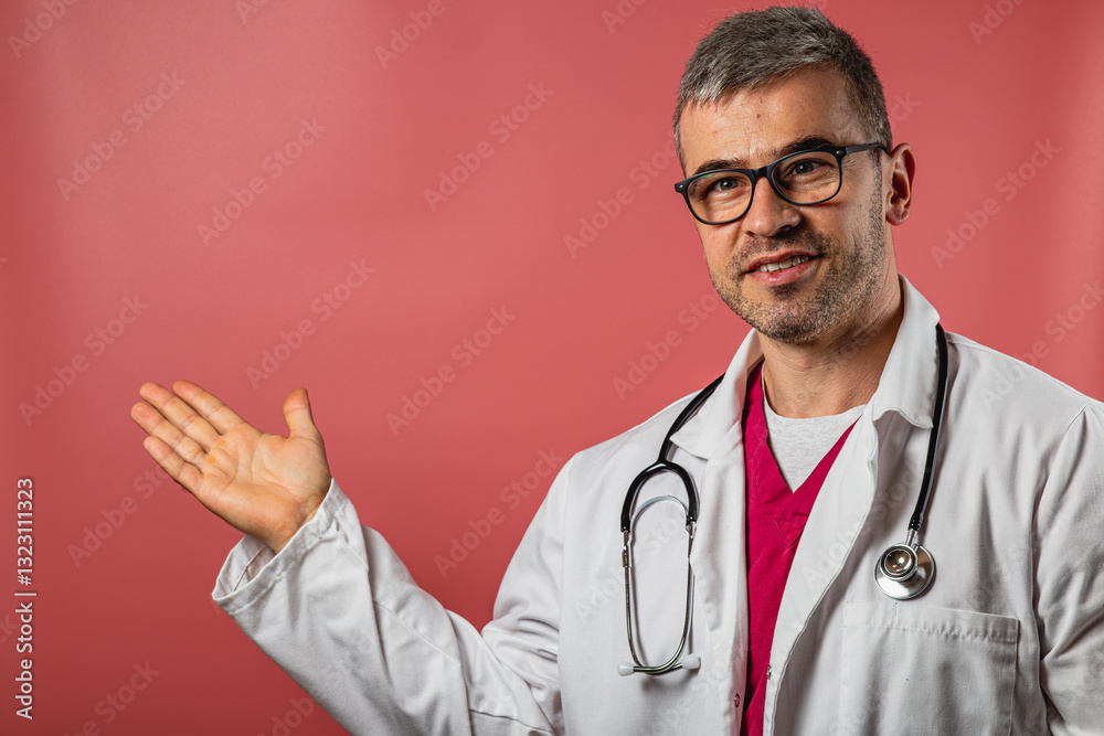 Doctor in lab coat gestures while explaining medical information indoors Doctor in lab coat gestures while explaining medical information indoors