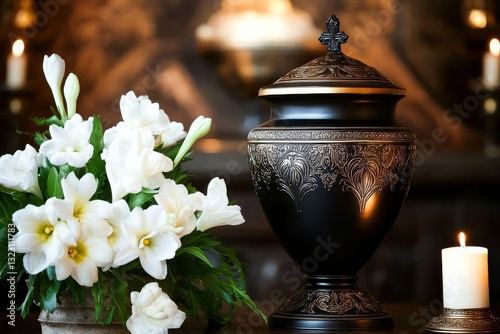 An urn containing ashes placed gracefully within a church setting adorned with white flowers.