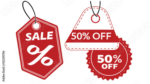 Red Sale Tags and Discount Labels – Promotional Super Offer, Big Sale, and 50% Off Price Tags for E-Commerce, Shopping, and Marketing"
