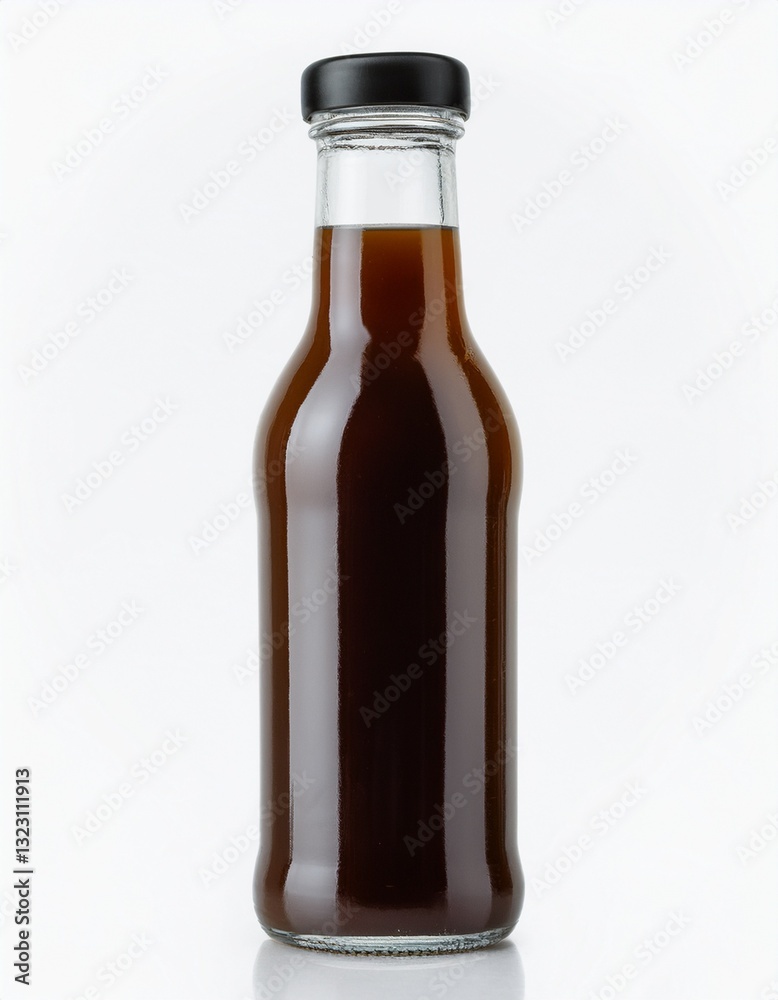 Dark brown liquid in a clear glass bottle with a black cap. Perfect for sauces, condiments, or dressings. Dark brown liquid in a clear glass bottle with a black cap. Perfect for sauces, condiments, or dressings.