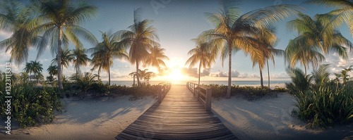 Tropical paradise: A boardwalk amidst palm trees leads to a serene beach