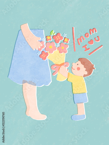 Illustration of a child giving a flower to his mom to celebrate mothers day