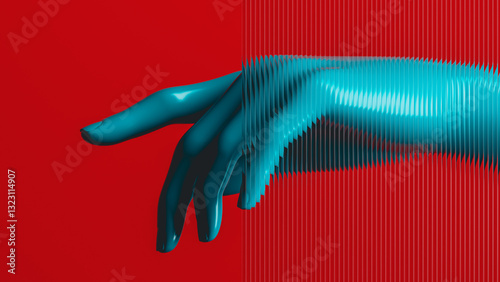 Glazed glass hand gesture against a vibrant red backdrop
