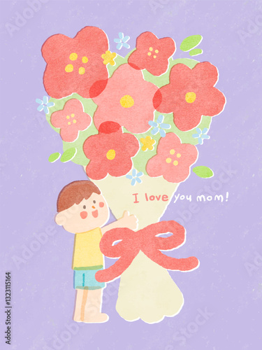 Illustration of a child giving a flower to his mom to celebrate mothers day