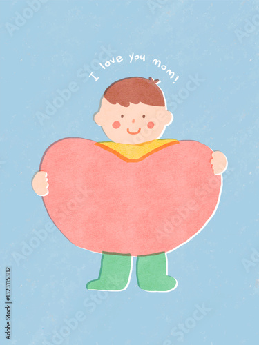 Little boy carrying a pink heart Mother's Day concept