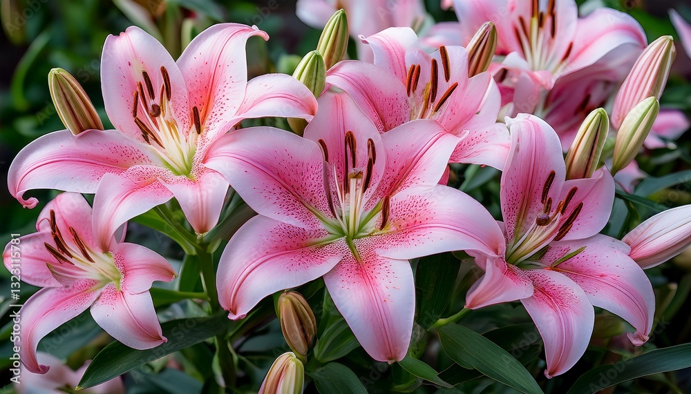 Beautiful pink lilies in full bloom with delicate petals and intricate details. A stunning close-up of fresh flowers in a lush green garden, perfect for nature, floral, and botanical themes. Beautiful pink lilies in full bloom with delicate petals and intricate details. A stunning close-up of fresh flowers in a lush green garden, perfect for nature, floral, and botanical themes.