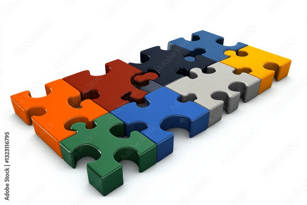 Colorful puzzle pieces arranged in a row, showcasing vibrant hues and shapes Colorful puzzle pieces arranged in a row, showcasing vibrant hues and shapes