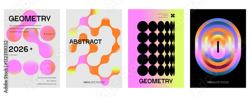 Posters with gradient minimalistic basic figures, extraordinary graphic assets of geometrical shape.  Modern minimal colorful print brutalist.
