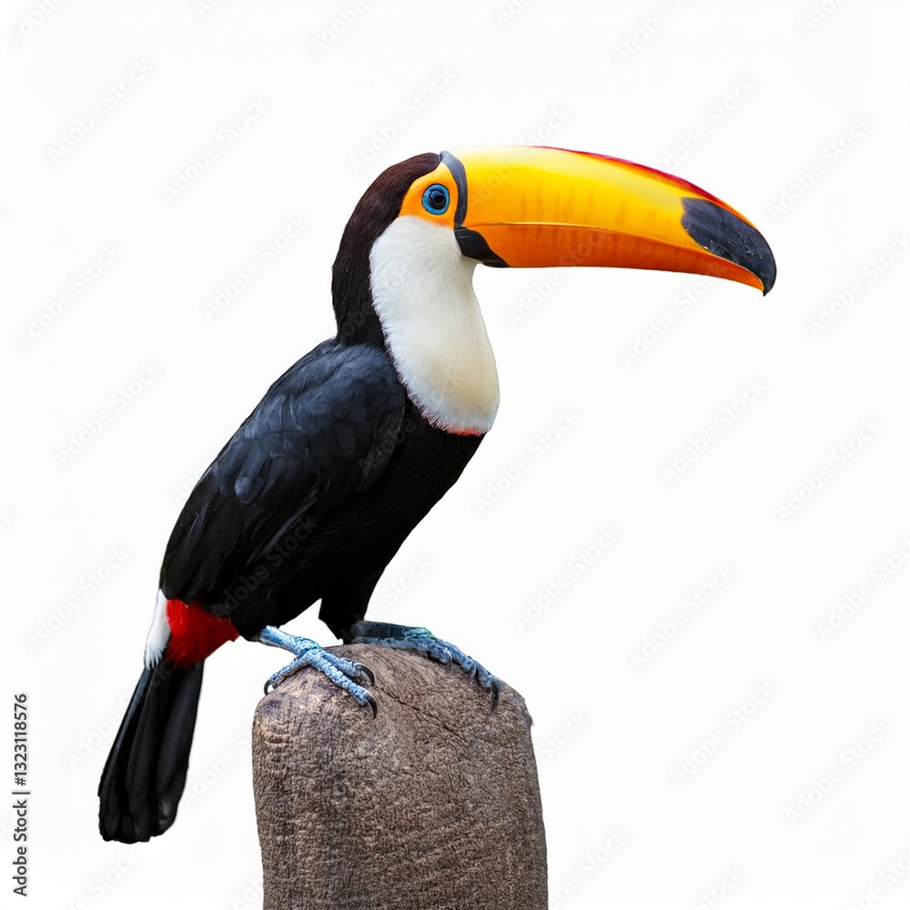Naklejka premium Keel-billed Toucan Perched on a Wooden Branch, Isolated on White