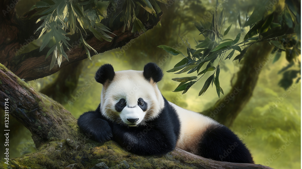 Fototapeta premium A mysterious giant panda rests atop a thick tree branch, its calm gaze reflecting pure relaxation as it embraces the tranquility of its dense, green woodland habitat, surrounded by natural beauty