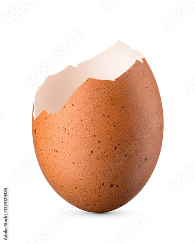 Cracked empty brown chicken eggshell isolated. Transparent PNG image.