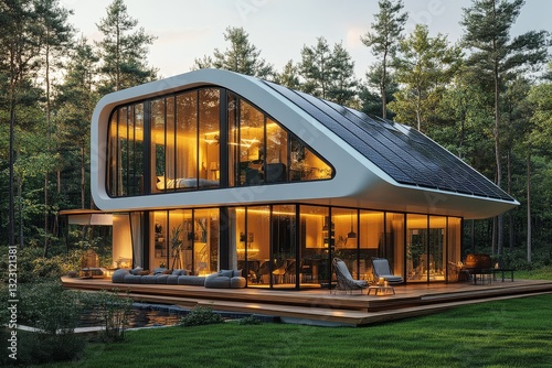 Modern eco-friendly house with solar panels, large windows for natural light, surrounded by green grass, showcasing green energy technology in a serene setting.