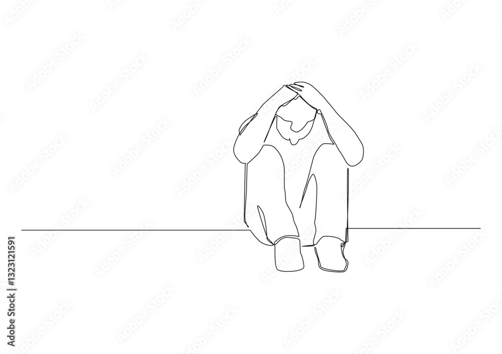 Continuous one line art of sad man with depression sitting alone on the floor . Continuous one line art of sad man with depression sitting alone on the floor .