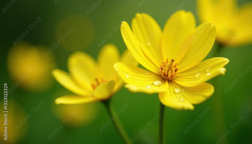 Obraz premium Close-up vibrant yellow buttercups, dew drops, wildflower, bright