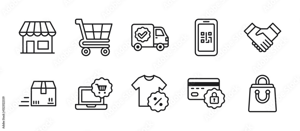 Minimal outline ecommerce icons showing shop, cart, QR code, delivery, payment, sale discount, secure transaction, package, online store, and shopping bag in vector line art style. Minimal outline ecommerce icons showing shop, cart, QR code, delivery, payment, sale discount, secure transaction, package, online store, and shopping bag in vector line art style.