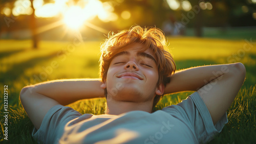 A young man relaxes on the grass, enjoying the warm sunset with a peaceful smile, embracing a carefree and tranquil moment.