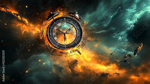 Steampunk clock floating amidst celestial clouds and vibrant cosmic energy streams