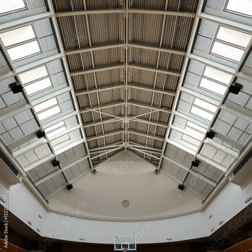 A view from below of the ceiling of the large school sports hall.