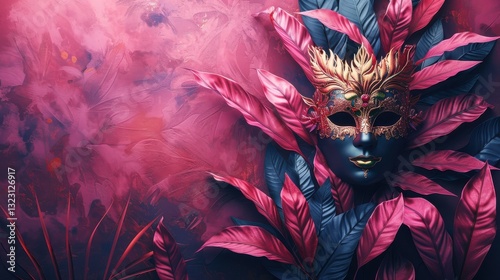 Elaborate Golden Mask Adorned with Pink and Blue Foliage Against a Textured Magenta Backdrop