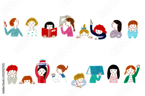 手描きイラスト　テーブルに並んで座る子供たち