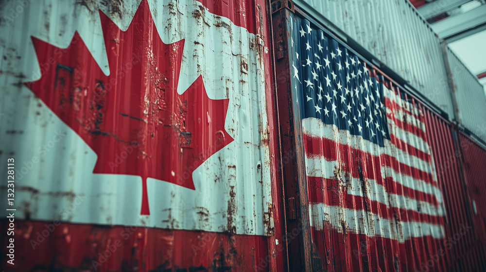 Obraz premium AI Generated photo of steel shipping freights with US and Canadian flags representing modern tensions, tariffs, trade war, politics