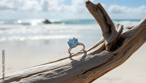 Sapphire Diamond Ring on Driftwood Beach Celebrating Ocean and Sky Beauty