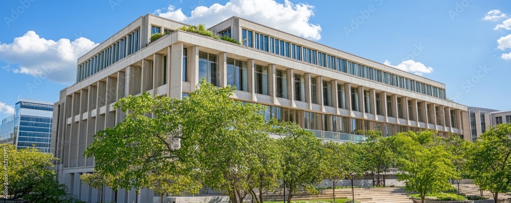 Modern light beige office building with landscaping Modern light beige office building with landscaping