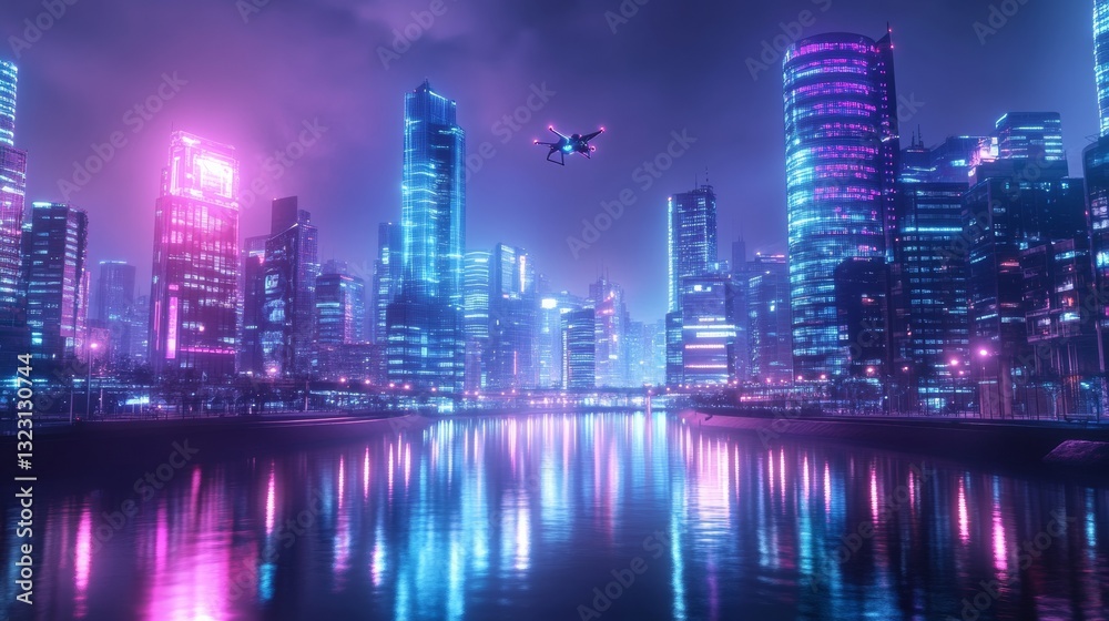 A futuristic city skyline at night, illuminated by colorful neon lights and reflecting off a calm river. 