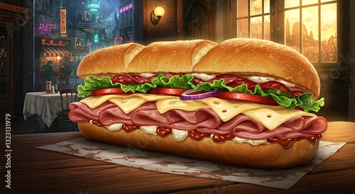 Appetizing Sandwich on Wooden Table with Urban Background View