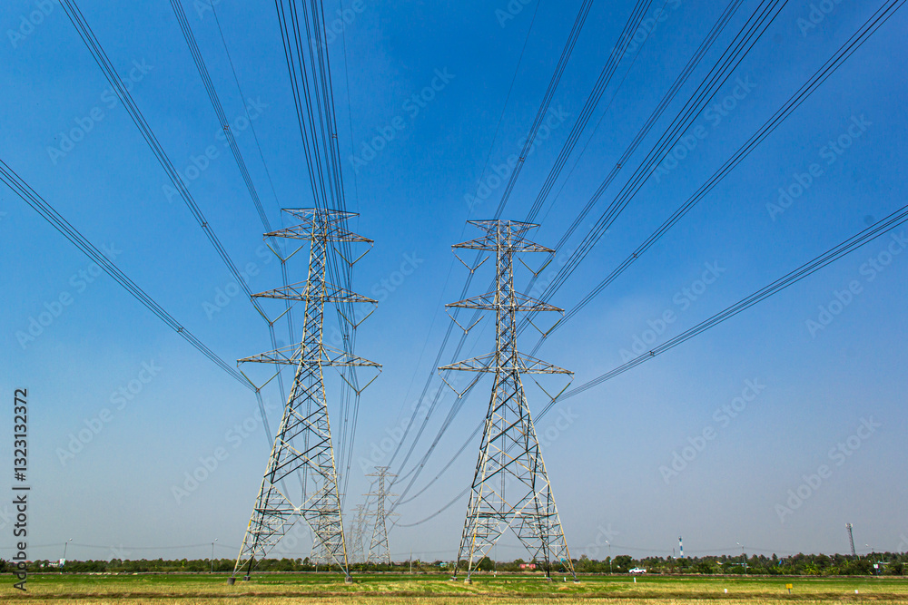 electricity pole on blue sky background