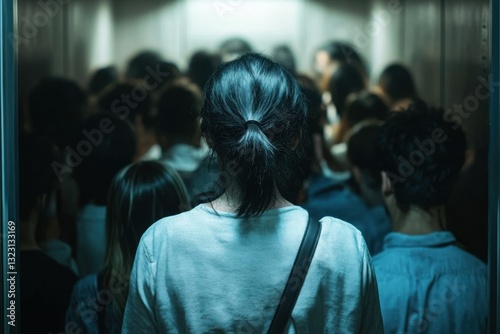 Person experiences panic in crowded elevator as doors begin to close in a claustrophobic situation