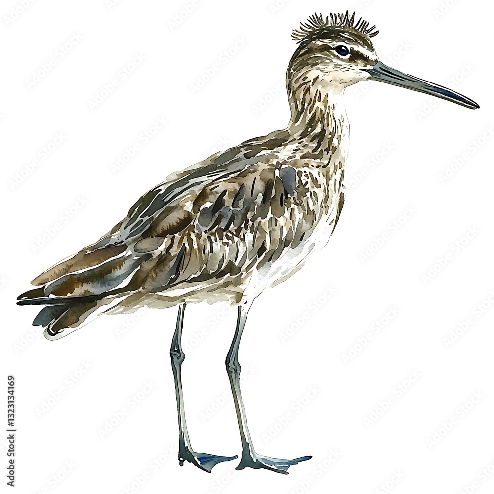 Obraz premium A Detailed Watercolor Illustration of a Whimbrel Bird. This stunning artwork showcases the intricate details and natural beauty of this wading bird.