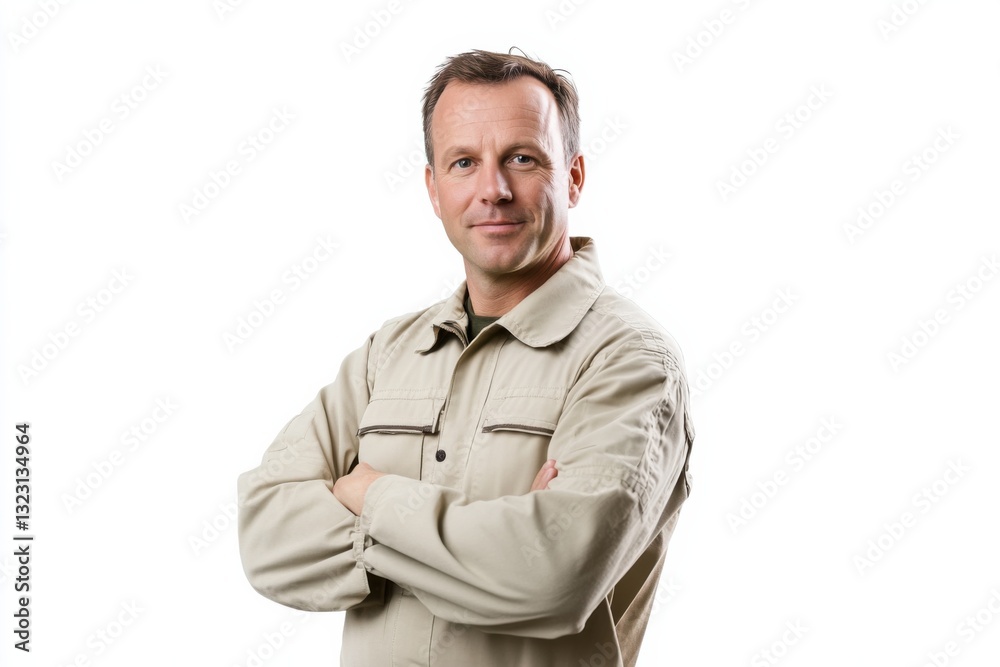 Ecologist poses confidently on a clean white background highlighting professional expertise and dedication Ecologist poses confidently on a clean white background highlighting professional expertise and dedication