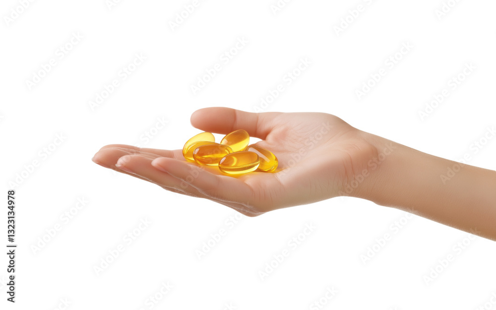 Fototapeta premium Woman hand holding omega 3 fish oil capsules on transparent background