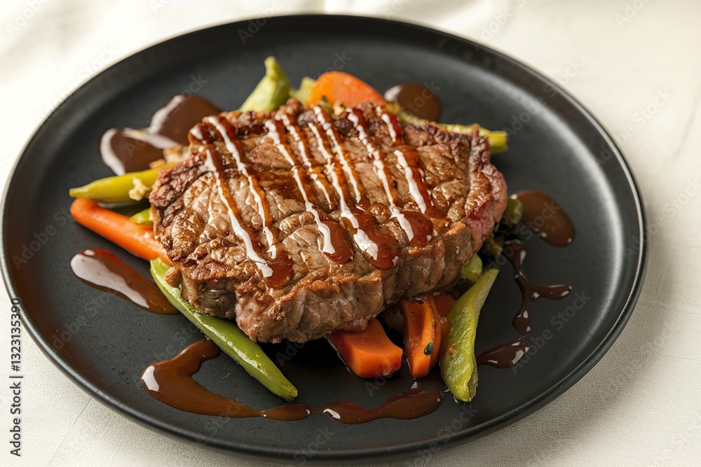 a black plate with a fried steak, a pile of vegetables a black plate with a fried steak, a pile of vegetables