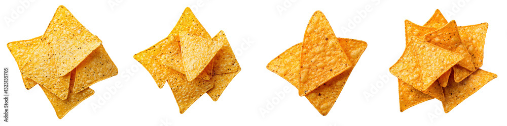 Closeup of assorted crunchy crispy tortilla chips in different shapes and textures triangular layered and golden in color arranged against a plain background Closeup of assorted crunchy crispy tortilla chips in different shapes and textures triangular layered and golden in color arranged against a plain background