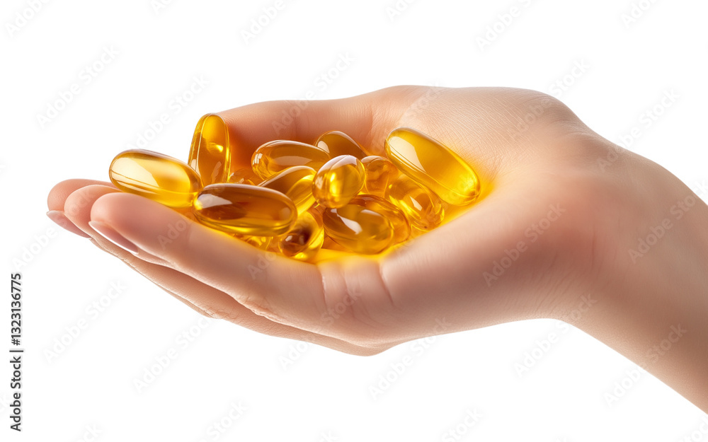 Woman hand holding omega 3 fish oil capsules on transparent background Woman hand holding omega 3 fish oil capsules on transparent background