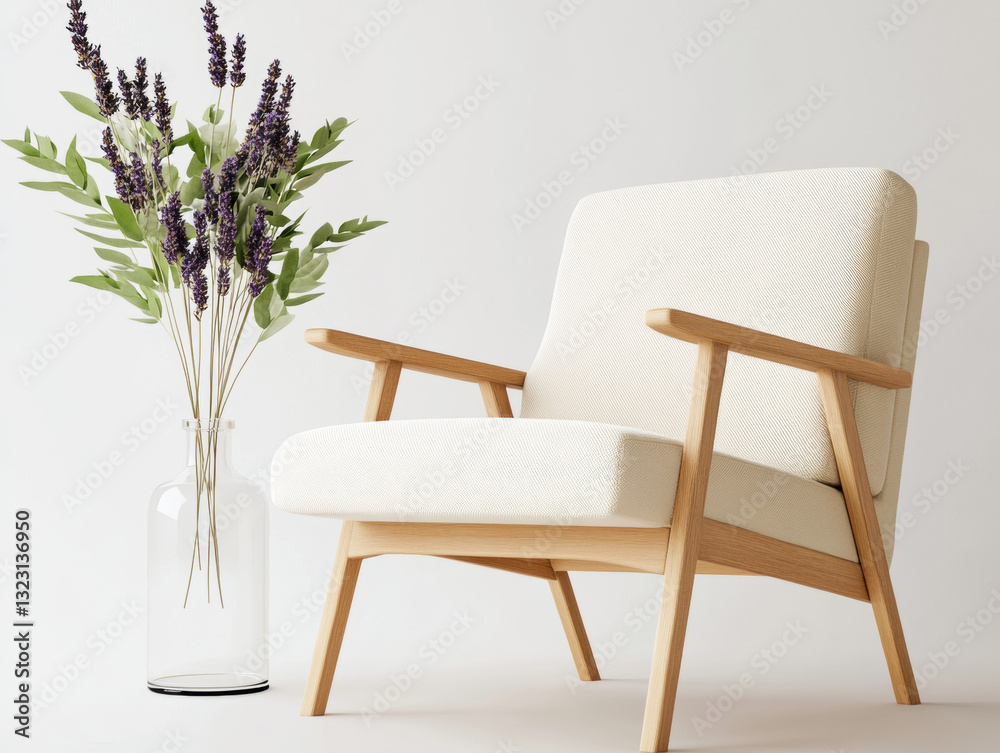 Fototapeta premium A mid-century modern armchair accompanied by a lush potted plant and beautiful floral arrangement for interior decor